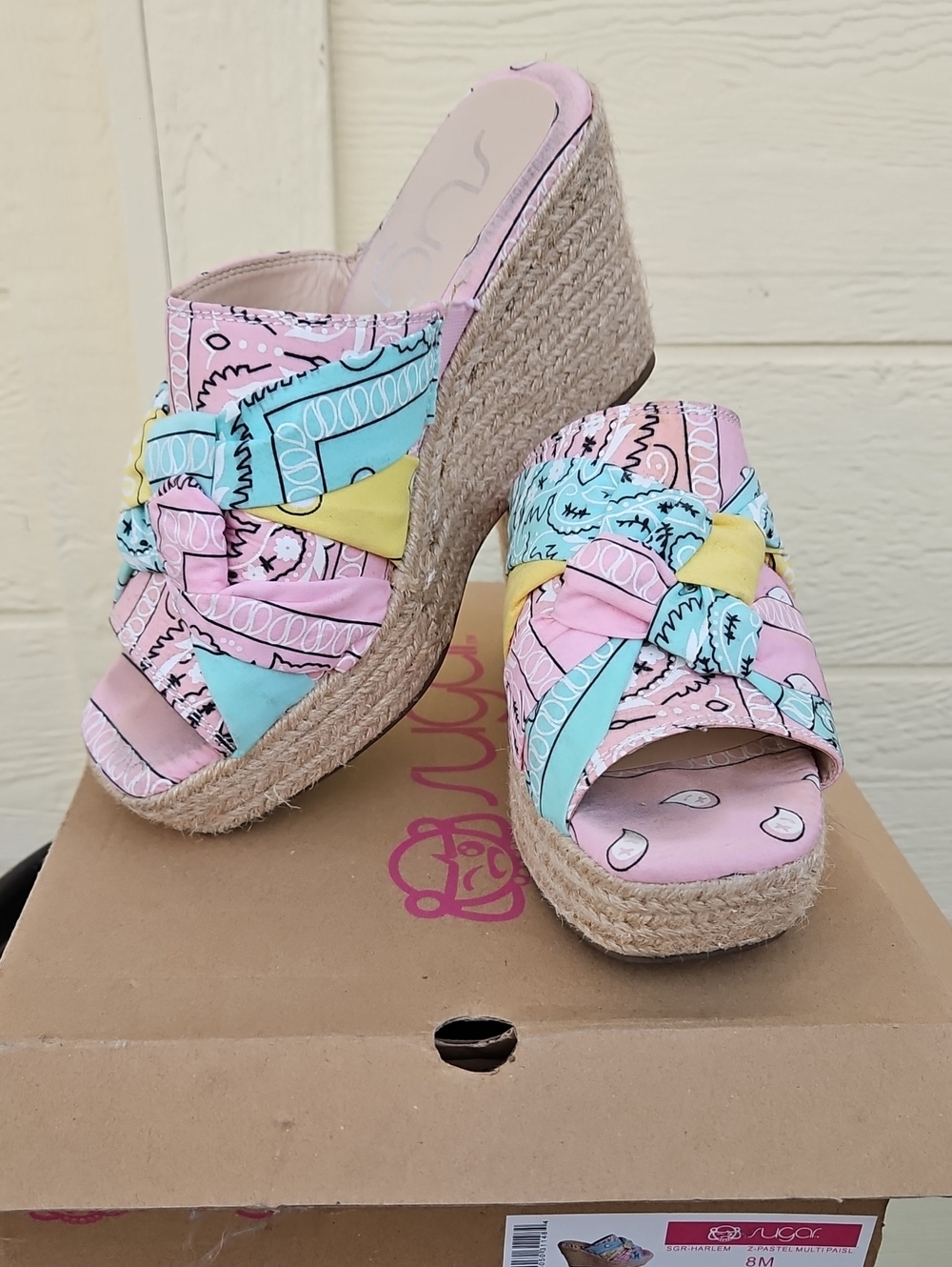 Sugar Wedge Slide Sandals in Pastel Pink, Aqua & Yellow